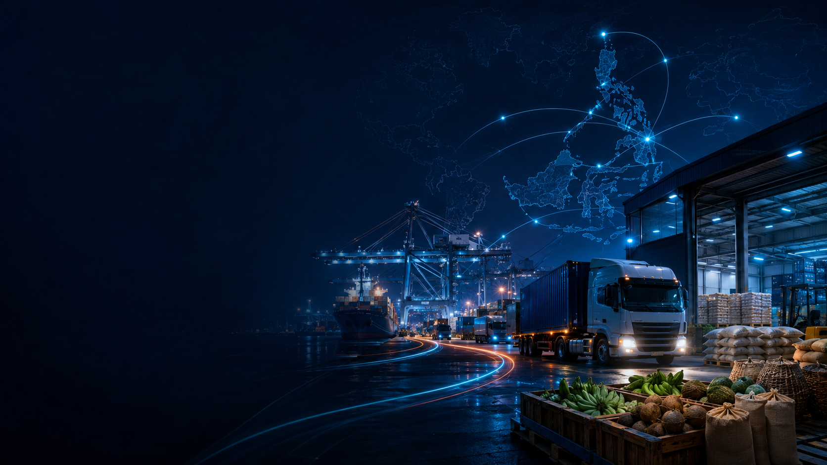 Agricultural commodities moving through a connected Philippine port and logistics network